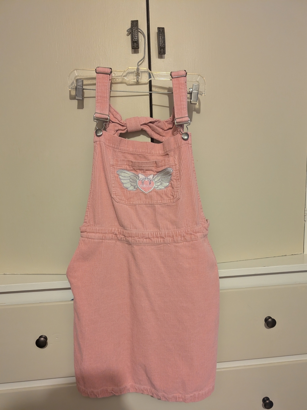 Hot Topic Pink Corduroy Overall Dress with Winged Heart Patch